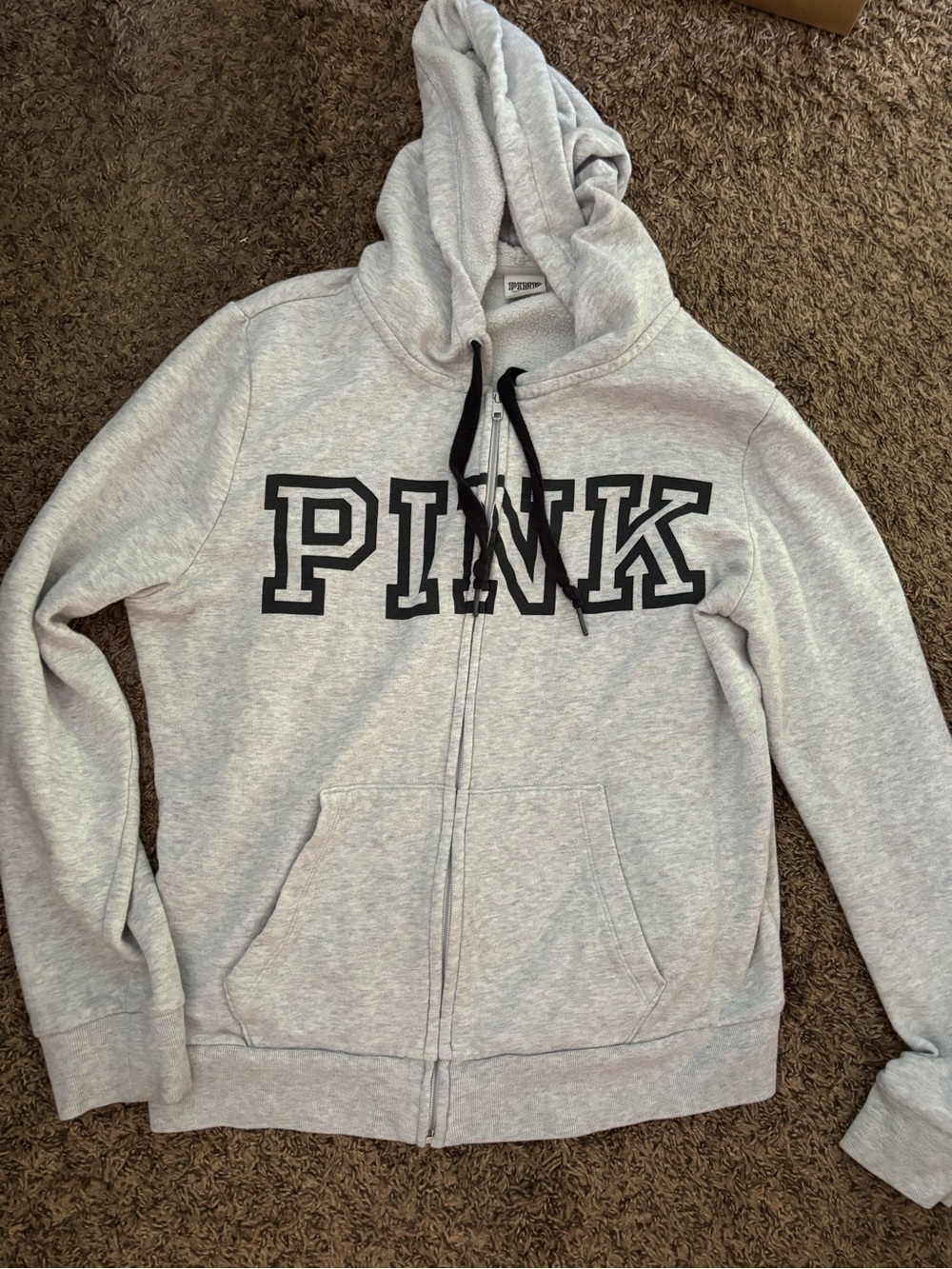 PINK Gray Zip-Up Hoodie with Black Logo